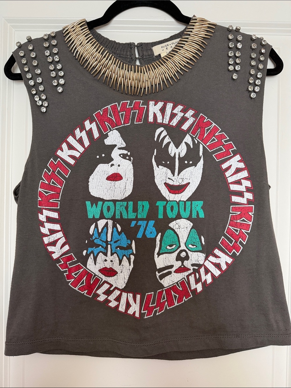 Alice + Olivia Charcoal Graphic KISS '76 Tank with Stud Details